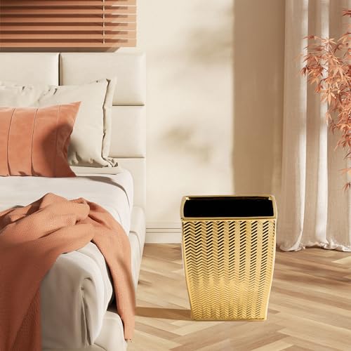 Gold Bathroom Accessories 4pcs Stylish Bathroom Accessories Set Gold Soap Dispenser Pump, Tumbler, Soap Dish and Trash Can Modern Decor Wavy Design Ceramic Bathroom Accessory Set
