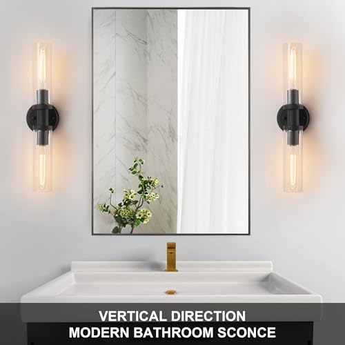 Wall Sconces Set of Two,Matte Black Bathroom Sconces Wall Lighting with Clear Glass, Modern Sconces Wall Decor Set of 2 Wall Light fixtures for Bathroom Mirror Living Room Hallway Bedroom Wall Lamp - color: matte black clear