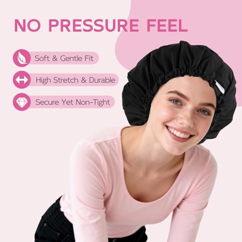 Years Calm Shower Cap for Women Waterproof Reusable – 27g Ultra Lightweight Double-Layer Shower Bonnet, Secure Fit for Long, Curly Hair, Travel & Spa (Black) - color: Black