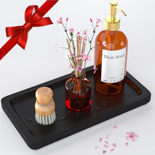 YELLOW LOTUS Black Bathroom Accessories Set 2 pcs - 9’’ Small Black Bamboo Tray for Bathroom, Wooden Bar Soap Holder for Shower, Kitchen Soap Dispenser Set for Sink, Kitchen Dish Tray Decor