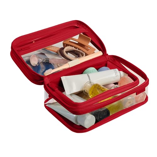 Away Clear Toiletry Bag - Water-Repellent Travel Toiletry Bag with 2 Compartments, U-Zip Opening, Interior Zip Pocket - Cherry Red - color: Cherry Red