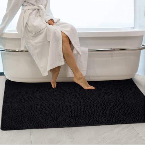 Secura Bathroom Rugs 47x28, Ultra Soft Chenille Bath Mat, Super Absorbent & Quick Dry Bathroom Mat, Non Slip Machine Washable Bath Rugs for Tub, Shower, Home Decor Accessories (Black) - color: Black, size: 47 in x 28 in