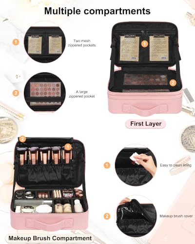 Relavel Travel Makeup Train Case Makeup Cosmetic Case Organizer Portable Artist Storage Bag with Adjustable Dividers for Cosmetics Makeup Brushes Toiletry Jewelry Digital Accessories - color: Pink, size: Medium