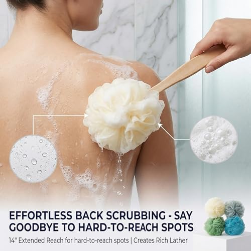 4 Pack Large Bath Puff Loofah Sponge with Long Handle Shower Loofah, Bath Body Back Brush, Spa Brush for Women and Men(4 Color)