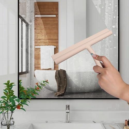 Shower Squeegee for Glass Doors, Full Silicone Jacketed Squeegee with Ergonomic Handle & No-Drill Hook, Cleaning Tool for Windows, Mirrors, Tiles, Bathroom & Car - Beige - color: Beige, size: without loop