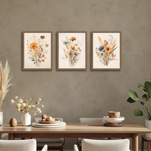3Pcs Vintage Wildflower Framed Canvas Wall Art Rustic Botanical Floral Pictures Prints for Living Room Bedroom Bathroom Retro Boho Wall Decor for Home Aesthetic 12x16 inch Ready to Hang - color: Orange wildflowers, size: 12x16 inches