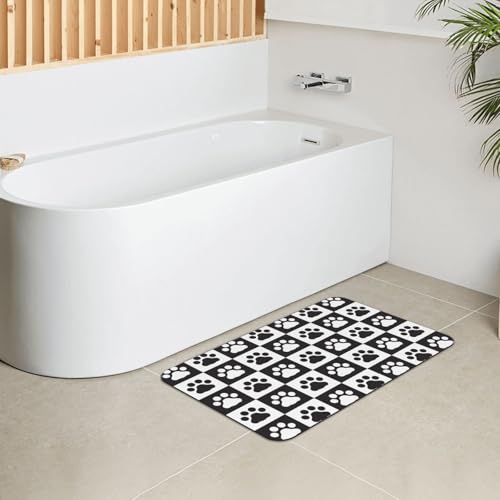 Black and White Dog Paws Bath Mat Rugs 15.7x23.6 in, Pet Footprints Checkered Diatomaceous Earth Bathroom Rug Rubber Non-Slip Absorbent Bathroom Mat for Tub Shower Sink - color: Paws #02