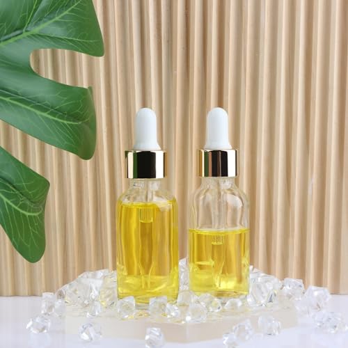 24 Pack 1oz Clear Glass Bottles with Golden Top Eye Droppers for Essential Oils, Perfumes & Lab Chemicals (Brush, Funnels, 2 Extra Droppers, 36 Pieces Labels & 30ml Measuring Cup Included) - color: Clear-Gold Cap
