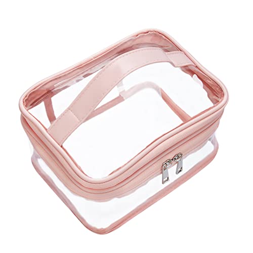 Double Layer Clear Cosmetic Bag Makeup Bag, Waterproof Travel Toiletry Bag, Transparent PVC Hair & Nail Accessories Pouch Beach Bag Organizer (Pink) - color: Pink