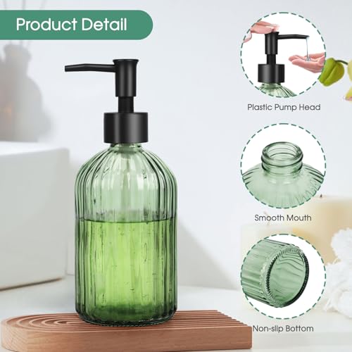 Topsky 2 Pack Glass Soap Dispenser with Plastic Pump, 400ml Liquid Hand Soap Dispenser, Rustproof Pump for Kitchen & Bathroom, Great for Lotions, Essential Oil, Liquid Soaps,Army Green - color: Stripe-green, size: Plastic Pump