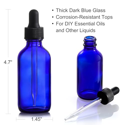 AOZITA 4 Pack, 2 oz Dropper Bottles with 1 Funnel & 4 Labels - 60ml Thick Dark Blue Glass Tincture Bottles with Eye Droppers - Leakproof Essential Oils Bottle for Health, Personal Care & Beauty - color: Blue