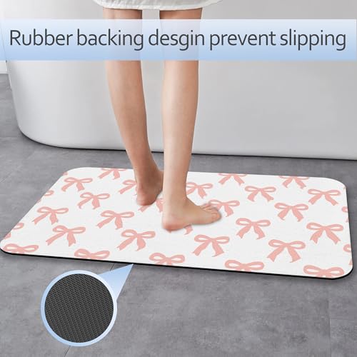 Pink Bow Fast Drying Absorbent Bathroom Mat, Non-Slip Rubber Backing Thin Low-Profile Bath Rug, Easy-Clean Bathroom Floor Mat for Shower, Bathtub, Kitchen, or Entryway - color: Pink Bow