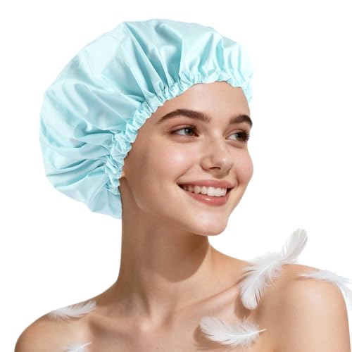 Years Calm Shower Cap for Women Waterproof Reusable – 27g Ultra Lightweight Double-Layer Shower Bonnet, Secure Fit for Long, Curly Hair, Travel & Spa (Blue) - color: Blue