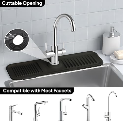 17'' Inch Kitchen Sink Faucet Mat Guard for Sink Area Durable Silicone Splash Mat Multi-Use Water Catcher Tray Fast Drying Draining Protector (Black) - color: Black, style: 17.7 Inch