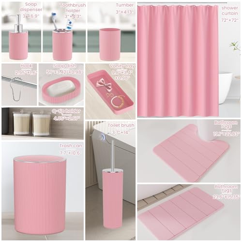 Light Pink Bathroom Accessories Set - Bathroom Sets, 25PC Bath Accessory Set, Bathroom Sets with Push Top Trash Can, Shower Curtain and Rugs, Toilet Brush, Trash Can & Soap Dispenser - color: Pink & Silver, size: 25-Piece Set (Accessories + Shower Curtain