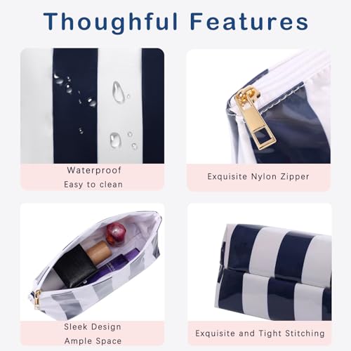 RSRSLEII Large Waterproof Travel Stripe Makeup Bag,Aesthetic PVC Toiletry Bag,Coquette Cosmetic Bag Organizer,Cute Preppy Carry-on Travel Accessories Essentials for Women Girls(Dark Blue) - color: Dark Blue