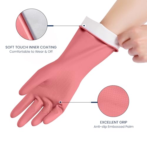 Rubber Cleaning Gloves for Dishwashing, 4 Pairs Reusable Kitchen Gloves for Washing Dishes and Household Cleaning, Pink Dish Gloves with Flocked Lining and Non-Slip Grip, Pefect for Woman Men - S - color: Pink, size: Small