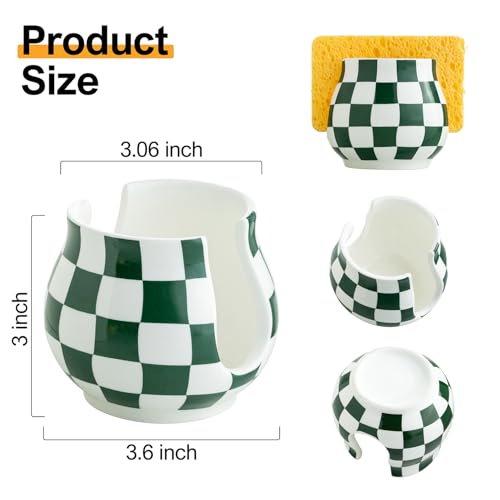 Zoeeker Kitchen Sponge Holder, Ceramic Sponge Organizer Checkered Scrubby Holder Sink Caddy Scrub Dish Rack for Kitchen, Bathroom, Sink, Christmas Decor, Green and White - color: Green and White, size: Barrel-type