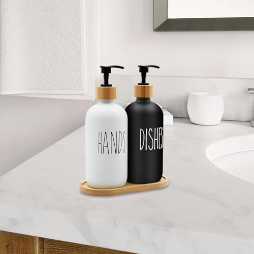 Glass Soap Dispenser Set, 16 OZ Hand and Dish Soap Dispenser Set with Bamboo Tray Modern Farmhouse Kitchen