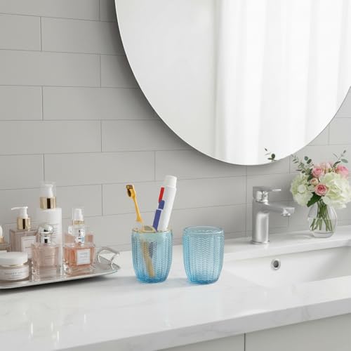 Toothbrush Holders for Bathrooms, Blue Glass Toothbrush Holder with Gold Divider, 10oz Bathroom Tumbler and Mouthwash Cup, Bathroom Storage Cup for Tooth Brush, Toothpaste and Makeup Brush