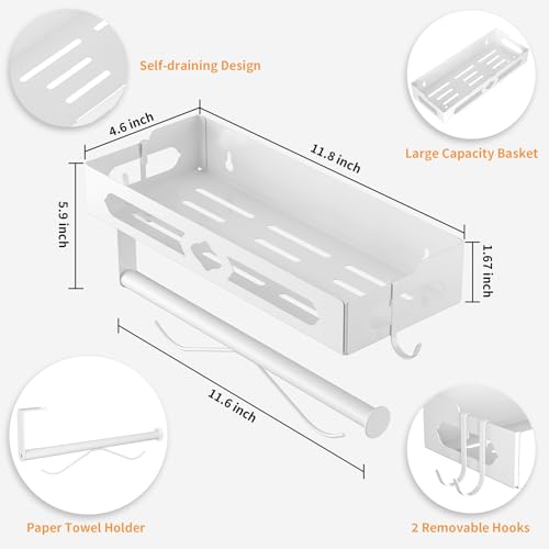 White Paper Towel Holder Wall Mount with Shelf - Adhesive Hand Towel Rack, Space-Saving for Bathroom, Kitchen, RV Camper - color: White