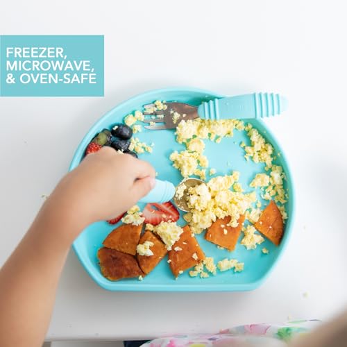 Bumkins Toddler and Baby Suction Plate, Silicone Grip Plate for Babies and Kids, Baby Led Weaning, Children Feeding Supplies, Non Skid Sticky Bottom, Platinum Silicone, Ages 6 Months Up, Blue - color: C4 Blue-GP