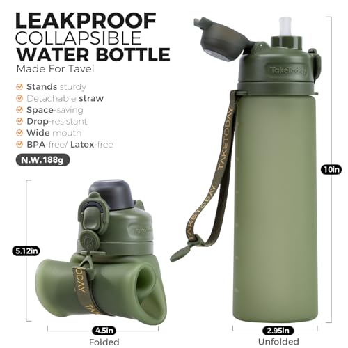 TakeToday Collapsible Water Bottles 21oz (600mL), Foldable Platinum Silicone Travel Water Bottle with Straw & Carry Strap, Leak-Resistant Screw Lid, Wide Mouth, BPA-Free for Hiking, Camping, Travel - color: Jungle