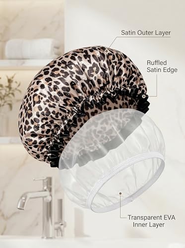 Aquior Shower Cap, Reusable Waterproof Leopard Print Hair Cap,Dual Layer Large Ruffle Edge for Long Hair, Ideal for Shower, Skincare, Cooking, Spa and Travel Use