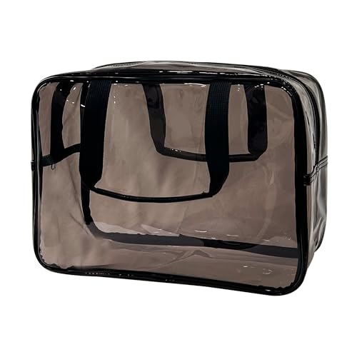 PVC Black Pure Color Transparent Gift Pouch Wash Travel Makeup Cosmetic Bag with Handle for Travel Bathroom Toiletry Organizer (Black) - color: black