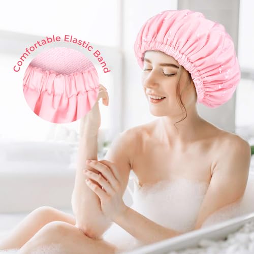Pink Shower Cap for Women Terry Lined Bath Cap Large Reusable Waterproof Elastic Band Shower Caps for Long Thick Hair Soft Bath Shower Hair Caps - color: PINK