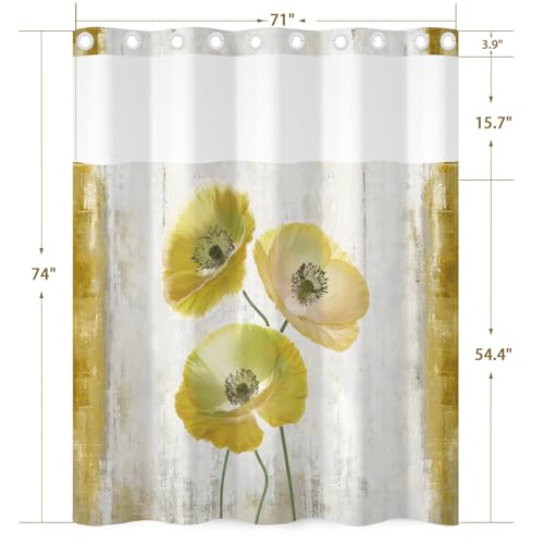 No Hook Floral Shower Curtain and Liner Set 71x74inch | Spring Yellow Poppy Flower Pattern, Modern Waterproof Fabric Bath Tub Curtain for Farmhouse Bathroom, Breathable Mesh Top - color: Yellow 04