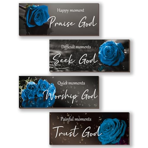 ONIZHITY 4 Pcs Blue Bathroom Decor Religious Wall Art Bible Verse Inspirational Navy Blue Rose Wall Decor Rustic Wooden Christian Sign for Home Bathroom Office Bedroom Living Room Kitchen(Blue 10x4) - color: Blue Rose