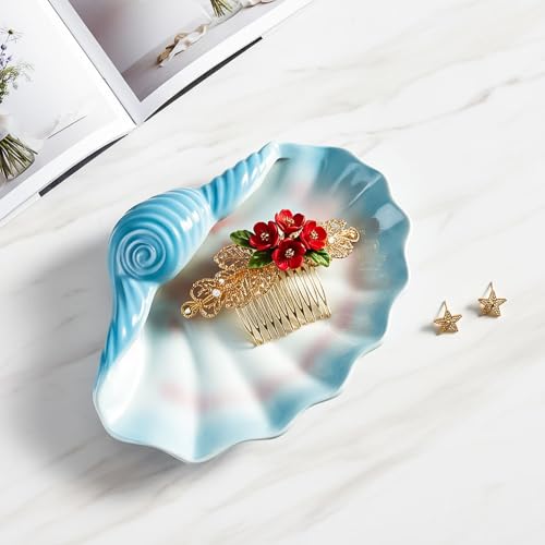 Ceramic Shell Soap Dish (7.7 x 5.3 in), Seashell Soap Holder Tray for Bathroom Shower Sink, Blue Shell Trinket Tray for Jewelry Rings Keys, Vanity Counter Organizer