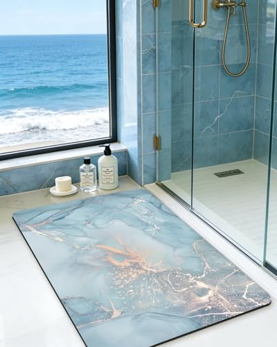 DEXI Bathroom Mat Ultra Thin, Non Slip Bath Rug for Shower Floor, Absorbent Quick Dry Marble Bathmats Low Profile, 32x17, Blue - color: Blue, size: 32" X 17" (Rectangular)