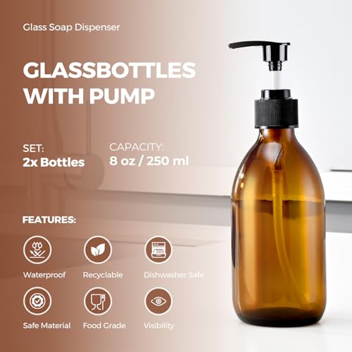 8 oz Amber Glass Pump Bottle, 250ml Glass Soap Dispenser Bottle for Body Lotion Massage Oil, Refillable Empty Hand and Dish Soap Dispensers Set with Labels - 2 Pack - color: Amber