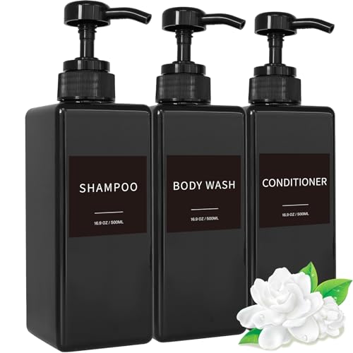 Shampoo and Conditioner Dispenser, Refillable Plastic Shampoo Pump Bottles with Waterproof Labels, Empty Body Wash Dispenser Set for Bathroom, Shower Soap Bottles (Black, Set of 3, 16.9oz) - color: Black
