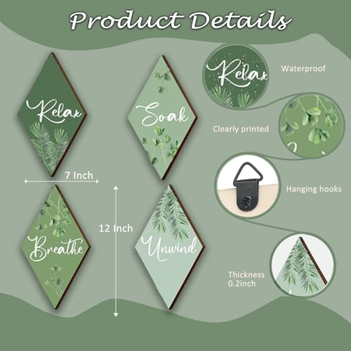 DONFENTHY 4 Pcs Sage Green Bathroom Decor Green Bathroom Accessories Relax Soak Unwind Breathe Wooden Sign Hanging Wall Art for Bedroom Living Room Office Decorations(12x7 Inches)
