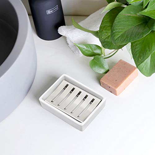 TOPSKY Ceramic Soap Dish Holder Stainless Steel for Bathroom, Double Layer, Self-draining Soap Tray, Say No to Mushy Soap, Easy Cleaning. (White)