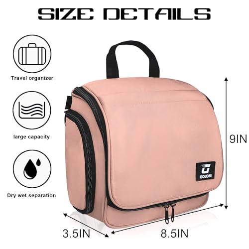 Goloni Hanging Toiletry Bag, 10 Compartments Water-Resistant Makeup Bag with 360° Spinning Metal Hook, Large Travel Cosmetic Organizer for Men & Women, Pink (7.05oz) - color: Pink