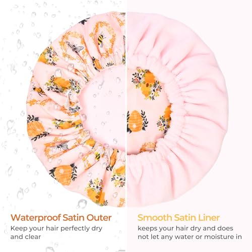 Shower Cap for Women Terry Lined Bee Bath Cap Large Reusable Waterproof Elastic Band Beekeeper Shower Caps for Long Thick Hair Soft Bath Shower Hair Caps - color: Bee