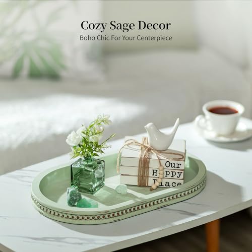 Hanobe Decorative Trays for Coffee Table: Sage Green Oval Bathroom Trays - Wood Modern Farmhouse Decor for Home Kitchen Counter Entryway Table - color: Sage Green