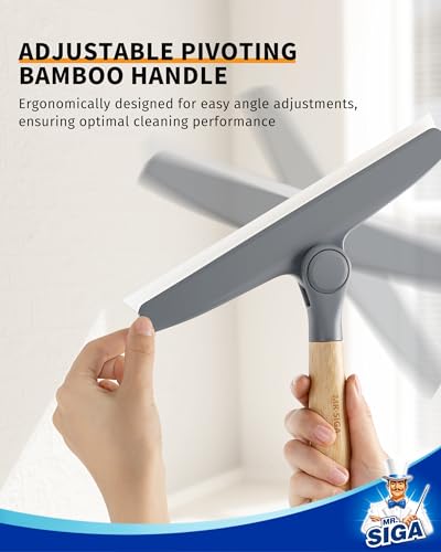 MR.SIGA All Purpose Silicone Squeegee for Shower Door, Mirror, Glass, Streak Free Shower Squeegee, Pivoting Bamboo Handle, Includes 1 Suction Hook, 10 inch Wide, Gray, 1 Pack - color: Gray
