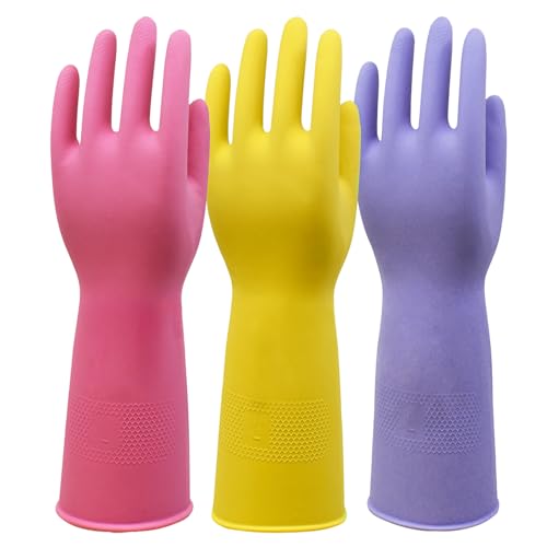 Rubber Kitchen Cleaning Gloves, Reusable Dishwashing Gloves, Non-Slip, with Flocked Liner, 3 Pairs (Pink+Yellow+Blue) (Medium) - color: Pink + Yellow + Blue, size: Medium