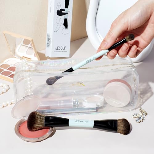 Jessup Makeup Brushes 2pcs Double Sided Foundation Brush Contour Brush Dual Ended Eye Blending Brush, Multi-functional Cosmetic Brush Bright Cyan T502 - style: 2pcs-T502