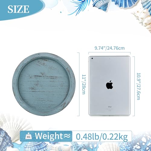 Hanobe Beach Decor Decorative Tray: Farmhouse Coastal Tray for Nautical Themed Decorations Coffee Table - Round Wooden Trays Ocean Style for Bathroom Countertop Centerpiece Rustic Blue - color: Blue
