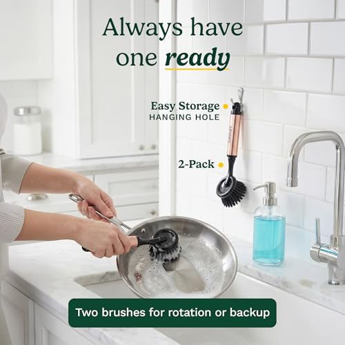 Cuisinart Dish Brush with Handle, 2 Pack, Firm Bristles | Multi-purpose dish scrubber for plates, pots, and pans, deep cleaning removes grease, safe for nonstick, round head - color: Round-black Metallic