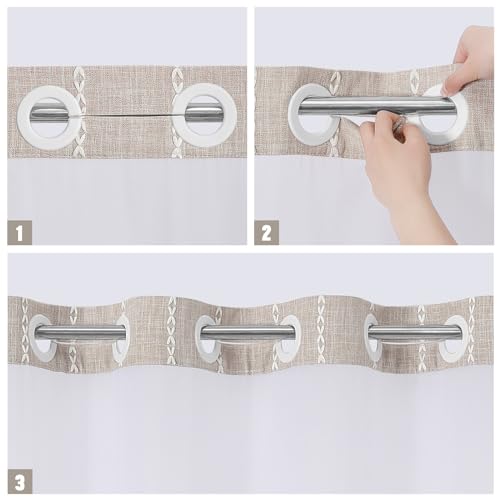 MitoVilla No Hooks Needed Farmhouse Shower Curtain with Snap-in Liner - with Window & Magnets, Taupe Boho Cotton Linen Fabric Shower Curtains with Tassels for Rustic Bathroom Decor, 72 x 74 - color: Taupe - Win