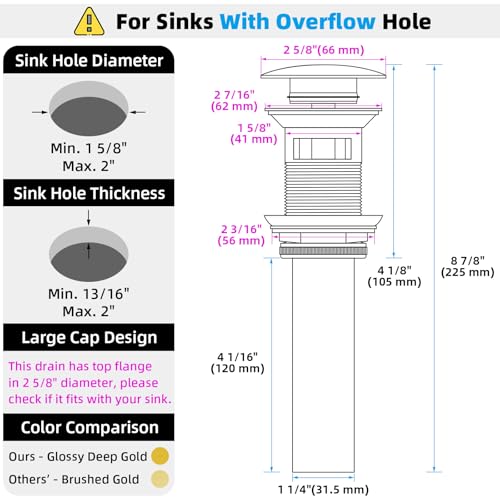 Angle Simple Bathroom Sink Drain Stopper Glossy Deep Titanium Gold Color, Brass Pop Up Sink Stopper with Overflow Hole for Sink with 1.61 to 2 Inches Drain Hole - color: Deep Titanium Gold