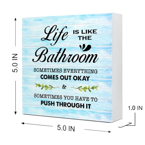 Blue Wood Life is Like The Bathroom Wooden Box Sign Desk Decor,Funny Bathroom Wood Block Sign for Farmhouse Toilet Shelf Decor - color: Blue Rustic