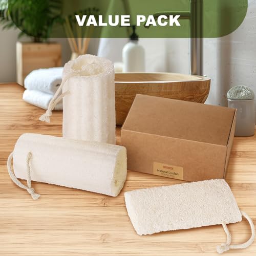 Natural Loofah Body Scrubber Sponge, Set of 3 Organic 5 Inch Luffa for Exfoliating & Smooth Skin Cleansing, Ideal for Men & Women, Spa & Shower Use - size: 1 Count (Pack of 3)